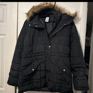 Black Hooded Women's Jacket with Faux Fur Trim